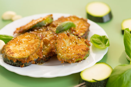 Fried zucchini pieces under sesame seeds and fresh basil.の写真素材