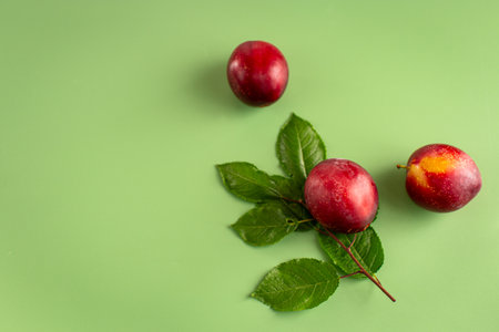 Three juicy plums with a blush close-up on the table.の写真素材