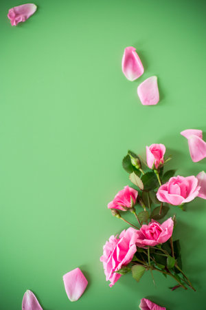 Flower arrangement with roses for background and text, on a green background.の写真素材