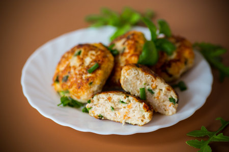 Appetizing homemade chicken cutlets on a brown background.