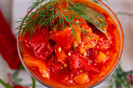 Homemade adjika with garlic and dill.