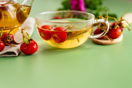 hot tea in a cup made from rose hips with flowers and berries.の写真素材