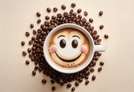 big cheerful mug with fresh brewed coffee, on light beige background.の素材