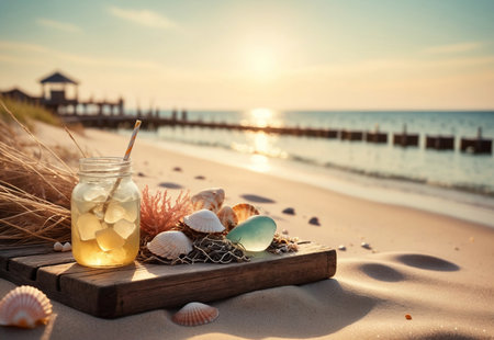 summer beach by the sea in 60s style, macro photography, shells and sand.の素材