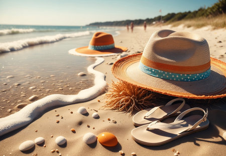 summer beach by the sea in 60s style, macro photography, shells and sand.の素材