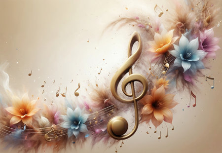 abstract brown music background with musical treble clef and flowers.の素材