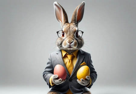 portrait of a rabbit in a formal suit with Easter eggs.の素材