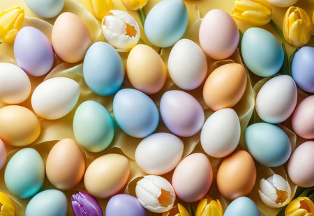Bright crocus buds and transparent Easter eggs on a pastel background.の素材
