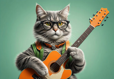 Musical cat with guitar on green background.の素材