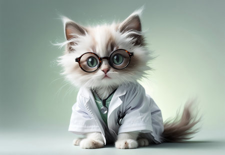 A charming fluffy cat in the image of a caring doctor with a smile.の素材