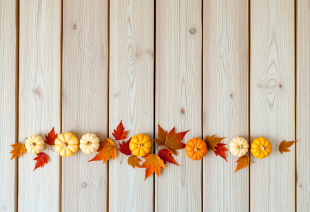 Autumn pumpkins with leaves arranged on rustic white table.の素材