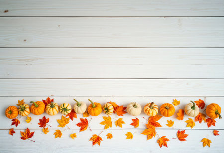 Fresh pumpkins and leaves in harvest seasonal composition.の素材