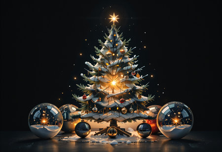 beautiful Christmas tree with glowing lights and shiny decorations.の素材