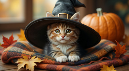 Cute kitten wearing witch hat with pumpkin and autumn leaves.の素材