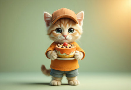 Cute kitten in orange t-shirt with pumpkin cake.の素材