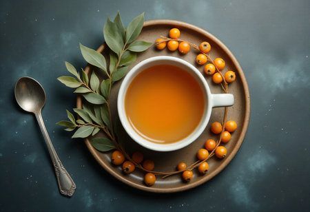 Hot antioxidant drink with buckthorn berries on plate.の素材