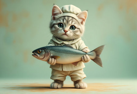 Cute kitten in suit holding big fish.の素材