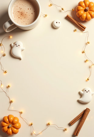 A plain beige background and colorful Halloween decor featuring ghosts and pumpkins.の素材