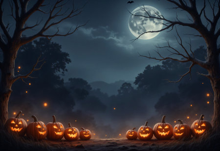 Halloween night with glowing pumpkins under full moon.の素材