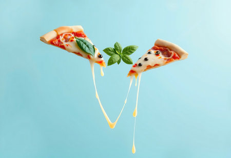 Delicious slice of pizza on a blue background with red sauce.の素材