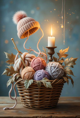 Handcrafted basket of colorful wool yarn with candlelight.の素材