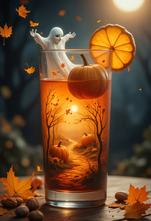 Glass of pumpkin juice glowing in autumn night.の素材