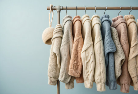 Row of cozy wool sweaters hanging on rack.の素材