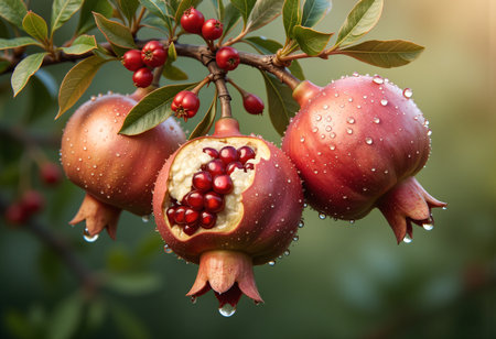Fresh pomegranate with water drops hanging on tree.の素材