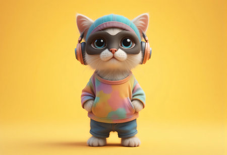 Cute kitten in headphones and colorful T-shirt.の素材