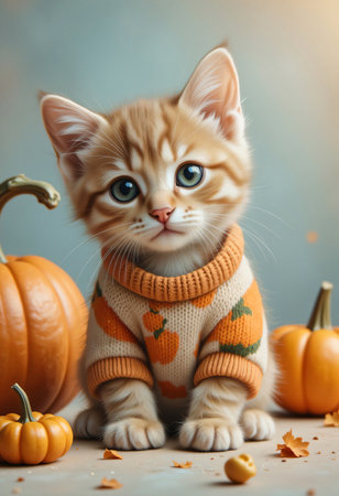 Cozy autumn stylish kitten and pumpkin in warm colors.の素材
