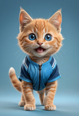 Adorable cat athlete wearing sports clothes standing outside.の素材