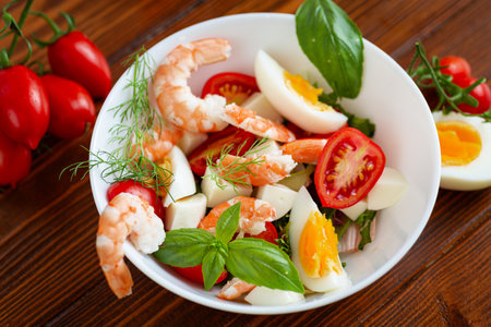 Delicious seafood salad with egg and basil close-up.の写真素材