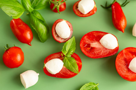 caprese ingredients on green background in studio.の写真素材