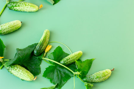 Minimalistic still life of cucumbers and yellow flowers.の写真素材