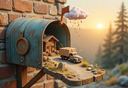 Vintage mailbox with miniature house and delivery truck.の素材