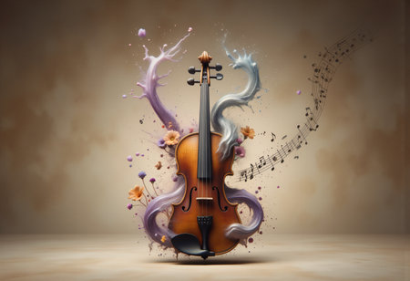 Beautiful violin surrounded by blossoms and musical notes.の素材