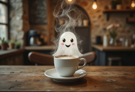 Cute floating ghost above hot coffee cup.の素材