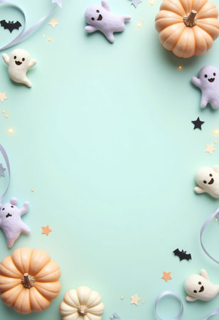 Pastel blue background and colorful Halloween decor with ghosts and pumpkins.の素材