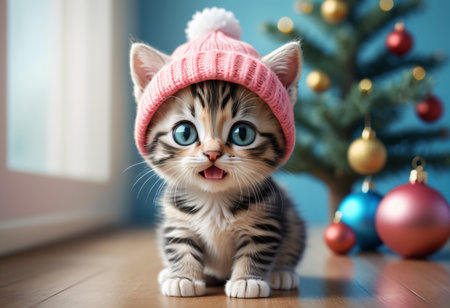 Small kitten with big eyes in Christmas celebration.の素材