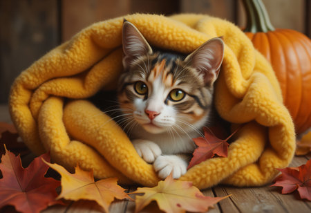 A cute ginger cat is warming up in a warm blanket on a cold autumn day.の素材