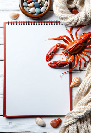 Decorative crabs and sea shells around a steering wheel.の素材