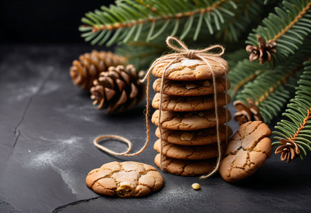 Stack of holiday cookies with rustic rope decoration.の素材