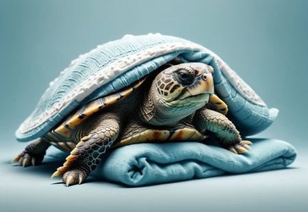 The turtle is lying under a blanket, resting and in no hurry.の素材