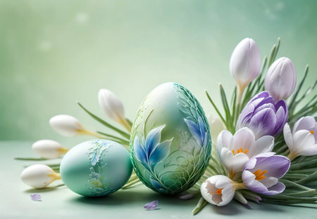 Bright crocus buds and transparent Easter eggs on a pastel background.の素材