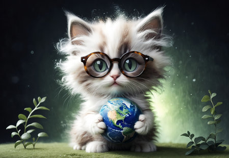 Happy fluffy kitten holds planet Earth carefully.の素材