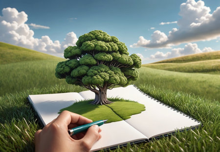 hand holding a blue pen creating or completing a landscape.の素材