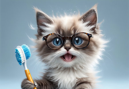 Morning hygiene of an adorable kitten with a brush.の素材