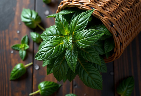 Fresh green mint in basket on rustic wooden table.の素材