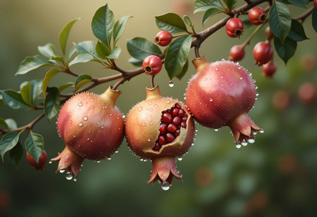 Juicy red pomegranate closeup with seeds and leaves.の素材