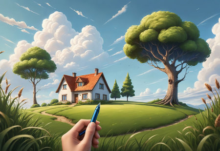 hand holding blue pen creating or finishing a landscape with house, tree and blue sky.の素材